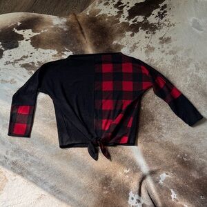 Kids Plaid Tie-Front Sweater - Black and Red